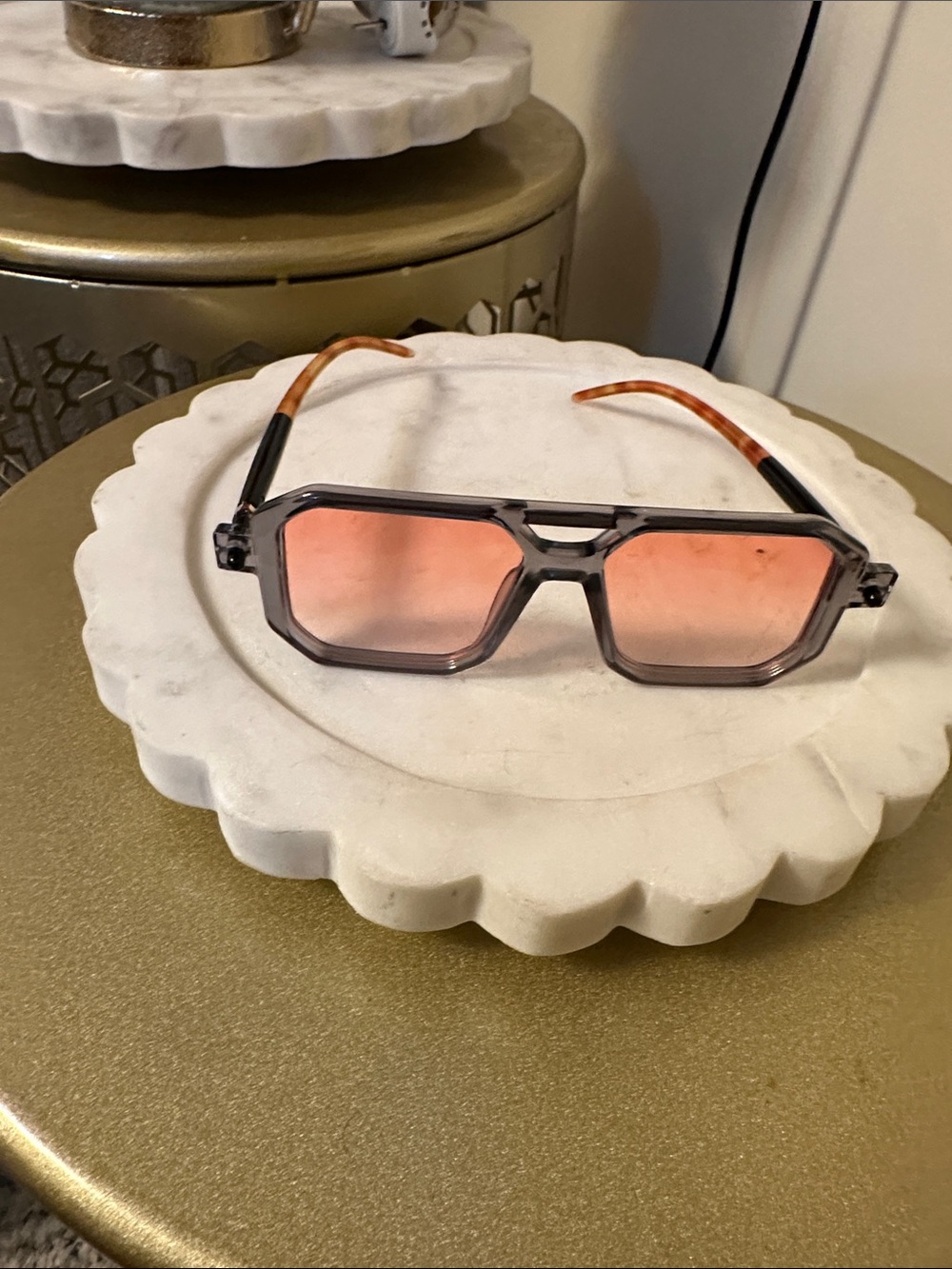 Geometric Tinted Sunglasses in Smoky Gray with Pink Lenses